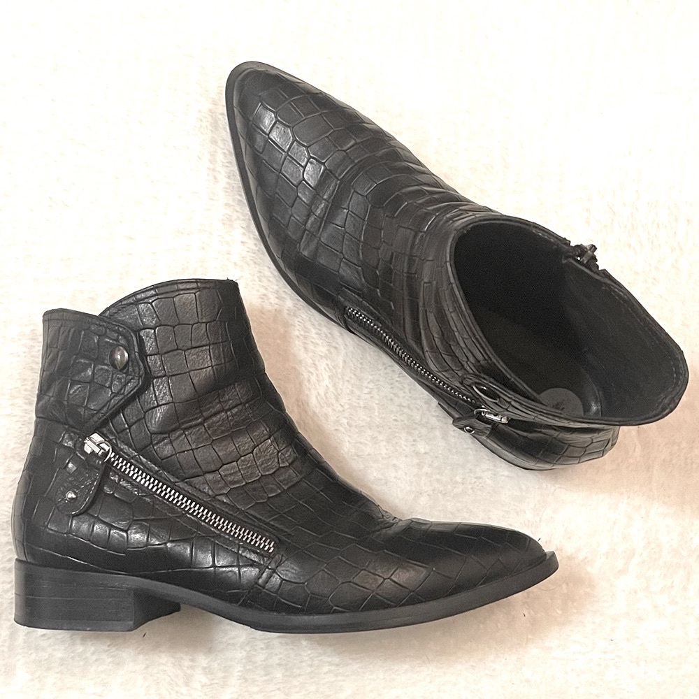 Napoleoni Black Croc Embossed Leather Ankle Booties